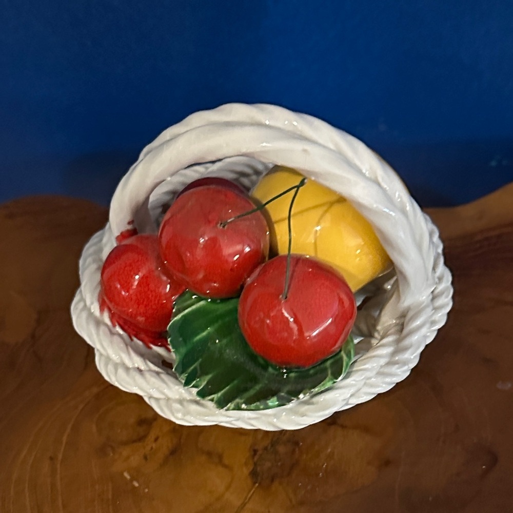 Vintage Small Italian Ceramic Woven Basket Fruit Basket Size 5” Wide x 4”’Tall